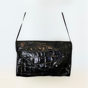 Purse Black Vintage Envelope Crossbody Leather Croc